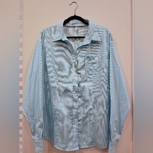 Cinch Women's Tencel Light Blue Micro-Striped Button Down Shirt (XXL)